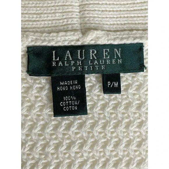 Lauren Ralph Lauren Cotton Shawl Collar Knit Sweater Cardigan size PM White - Picture 10 of 10